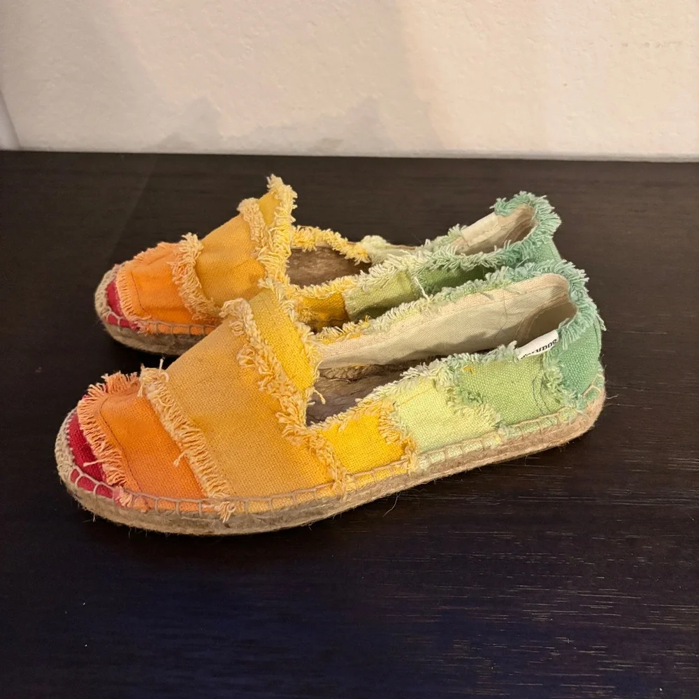 Soludos Espadrille Frayed Patchwork 6.5 Canvas Rainbow Ombre Boho Festival Shoes